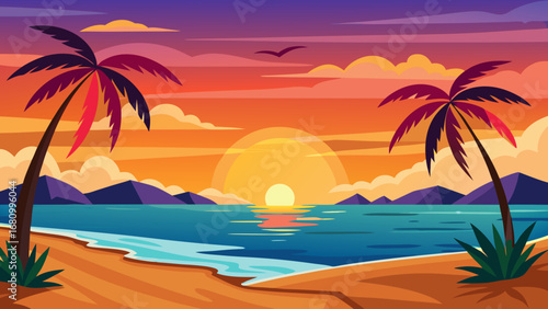 Vector art of a tranquil sunset over a tropical beach with palm trees, evoking a sense of peace and relaxation on a summer vacation