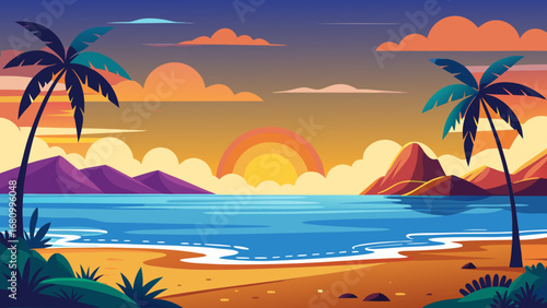 Vector art of tropical beach sunset with palm trees, mountains, and ocean, creating a serene and idyllic landscape for vacation and relaxation