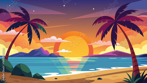 Vector art of tropical beach sunset with palm trees, mountains, and ocean, creating a serene and idyllic landscape for vacation and relaxation