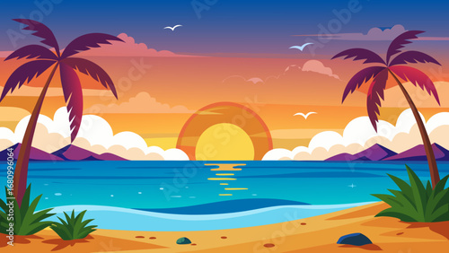 Vector art of a serene sunset over a tropical beach with palm trees, creating a picturesque scene of relaxation and natural beauty