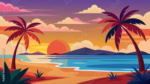 Vector art of tropical beach sunset with palm trees, mountains, and ocean, creating a serene and idyllic landscape for vacation and relaxation
