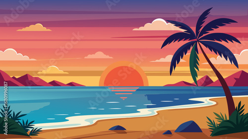 Vector art of a serene tropical beach at sunset, featuring a lone palm tree against a colorful sky, with mountains in the distance and gentle waves lapping the shore