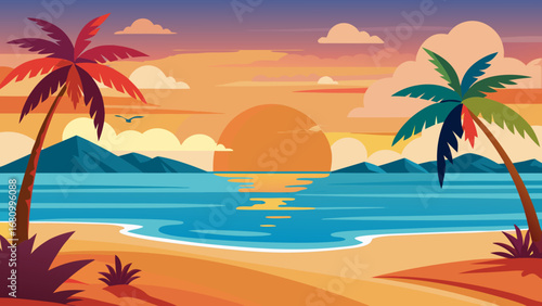 Vector art of a vibrant tropical beach scene at sunset, featuring palm trees silhouetted against a colorful sky, with mountains in the distance and calm ocean waves