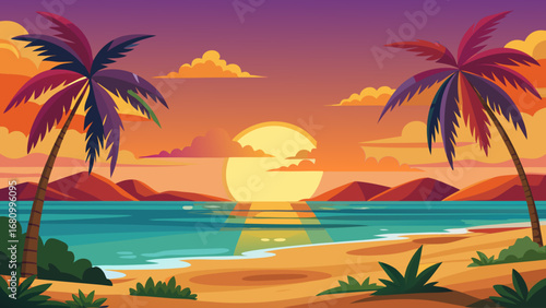 Vector art of a picturesque tropical beach scene at sunset, featuring two palm trees framing a golden sun, with mountains in the background and calm ocean reflecting the light