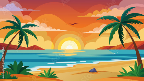 Vector art of a tranquil tropical beach sunset with palm trees framing the scene, a bird flying in the sky, and the sun reflecting on the calm ocean