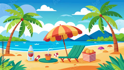 Vector art of vibrant tropical beach scene with palm trees, umbrella, and beach chair, ideal for summer vacation and relaxation getaway