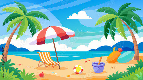 Vector art of a vibrant beach scene featuring palm trees, a beach umbrella, and a chair, ideal for summer vacations and tropical getaways under the sunny sky