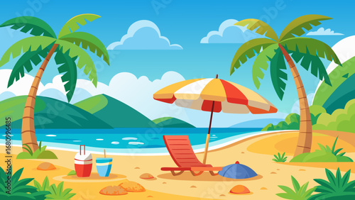 Vector art of a serene beach scene with palm trees, umbrella, and chair, perfect for summer vacations and tropical getaways under the clear blue sky