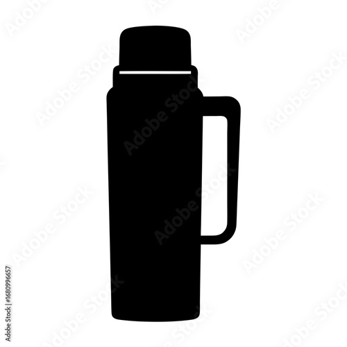 Monochrome illustration of an insulated thermos bottle with handle and stopper cap