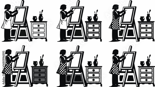 Artist creating artwork on canvas, modern vector style for creative arts and crafts projects