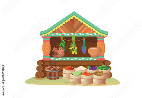 Old market stall, old russian style market. Russian Teremok. Russian fair with tents. Wooden counter