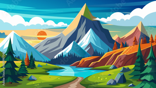 Vector art of a vibrant mountain landscape with a winding river, lush greenery, and a colorful sunset casting a warm glow over the majestic peaks