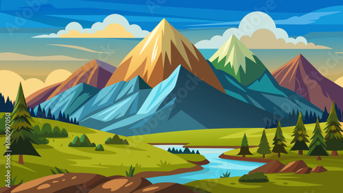 Vector art of scenic mountain landscape with a winding river flowing through a lush green valley, surrounded by trees and hills under a clear blue sky