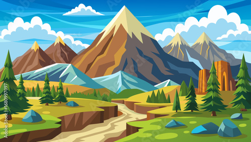 Vector art of majestic mountain landscape with a winding road leading through a vibrant green valley, surrounded by towering peaks and a clear blue sky