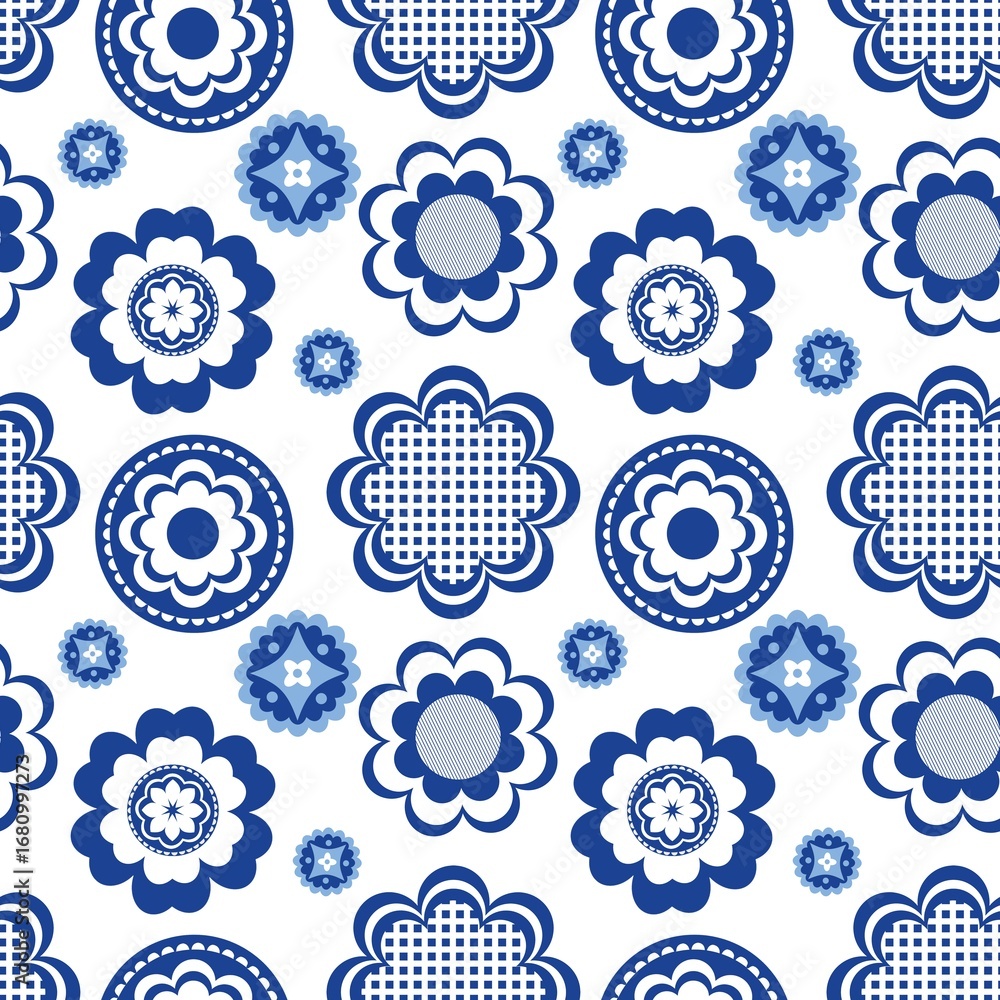 Blue white seamless background with flowers.
Abstract, repeating regular pattern for print.
Graphic design with regular shapes.
