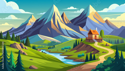 Vector art of serene mountain landscape featuring a charming house nestled amidst rolling hills, lush greenery, and a winding river under a clear sky