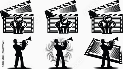 Three silhouettes of musicians playing trumpets and movie clapperboards create a cool design