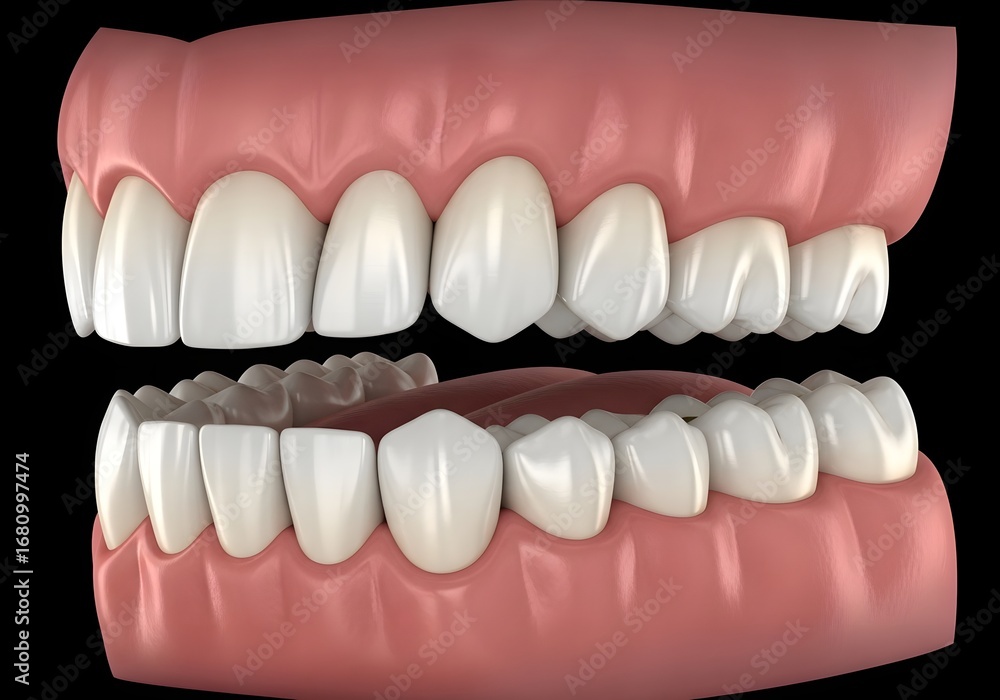 Obraz premium A close up of a set of teeth with gums on a black background showing dental health concept view