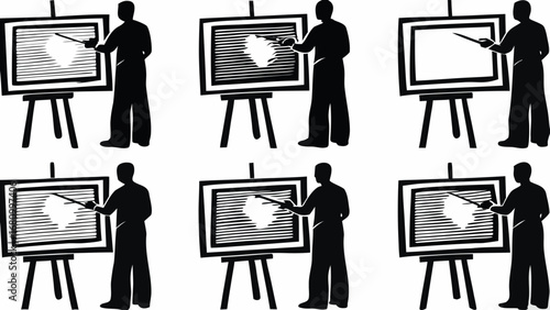 Engaging presenter delivering information at a seminar with charts on an easel, perfect for business training
