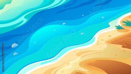 Vector art of a serene beach landscape featuring gentle waves meeting the sandy shore, evoking a sense of calm and tropical paradise illustration