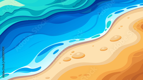 Vector art of a picturesque beach scene with gentle waves washing onto the sandy shore, creating a peaceful and inviting coastal view illustration