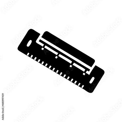 Vector art of black ruler with a puncher, a versatile tool for precise measurements and hole punching in office, school, and design settings