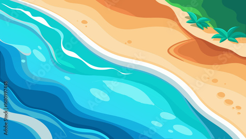 Vector art of a topdown cartoon view of a tropical beach with turquoise water, golden sand, and lush greenery, ideal for summer vacation themes