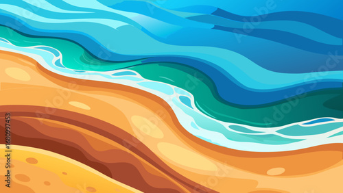 Vector art of a vibrant cartoon illustration of a tropical beach with turquoise water and golden sand, perfect for summer vacation and travel themes