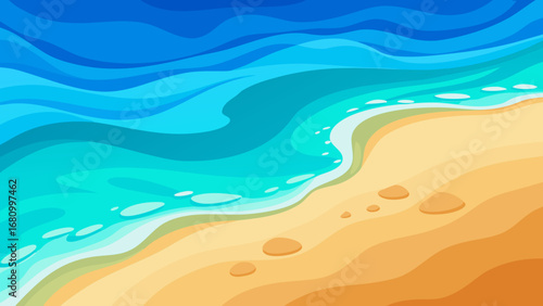 Vector art of aerial view of a tropical beach with golden sand and turquoise water creating a serene and idyllic seascape on a sunny summer day