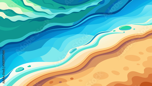 Vector art of a cartoon illustration of a tropical beach with turquoise water and golden sand, perfect for summer vacation and travel themes