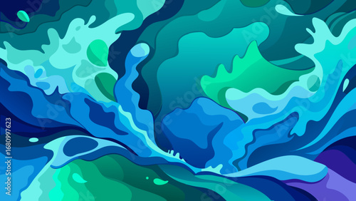 Vector art of dynamic ocean wave illustration with splashing water, showcasing a vibrant blend of blue and green hues in an abstract and artistic design