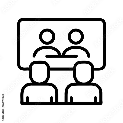 Vector art of online video conference on computer screen with four participants, , facilitating virtual meetings and remote collaboration