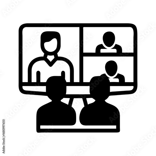 Vector art of online meeting icon showing a group of people in a virtual conference call with multiple screens