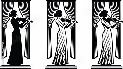Elegant woman playing violin in classic style, performing on stage with grace and style