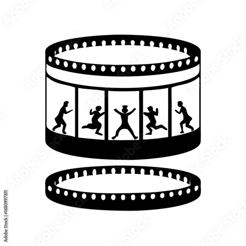 Vector art of zoetrope, an early animation device that creates the illusion of motion through a rotating cylinder with a sequence of images