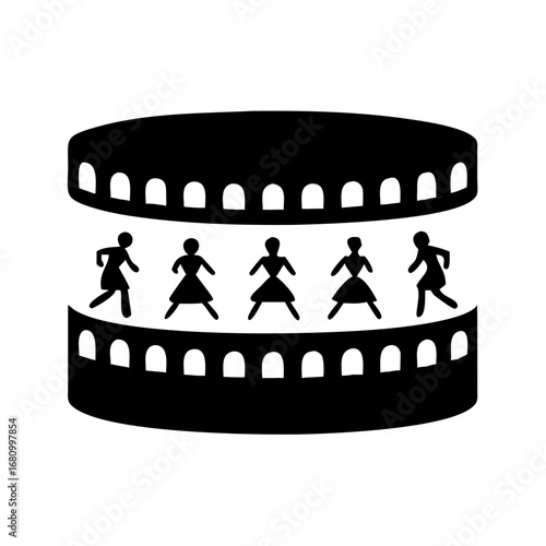 Vector art of a stylized illustration of a theatrical stage with five female dancers in silhouette, , representing performance art and entertainment