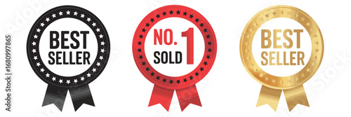 Best Seller Vector Emblem,  No. 1 Circle Badge with Ribbon, Simple Flat Gradient Label for Logo, Seal, Icon, Sticker, or Stamp Design