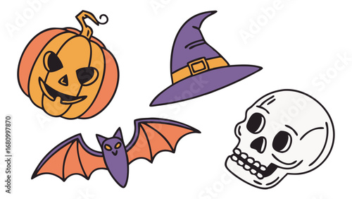 Vector art of halloween clip art set featuring a pumpkin, witch hat, bat, and skull, perfect for spooky season decorations and designs