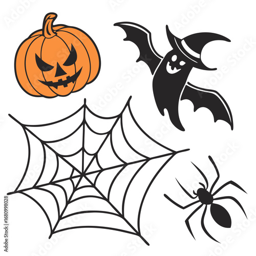 Vector art of halloween icons featuring pumpkin, bat, spiderweb, and spider for spooky autumn holiday decorations