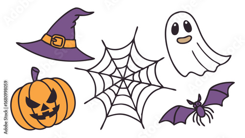Vector art of halloween illustration with a witch hat, a bat, a ghost, a pumpkin, and a web for holiday designs and decorations
