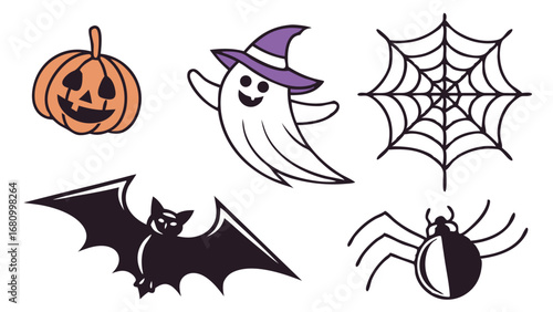 Vector art of halloween icons featuring a pumpkin, ghost, witch hat, spider, web, and bat, perfect for spooky season decorations and celebrations