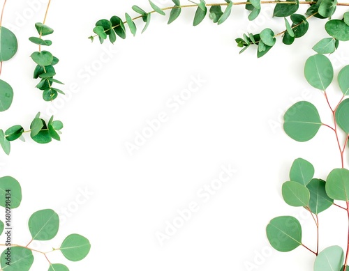 Eucalyptus leaves frame on white background