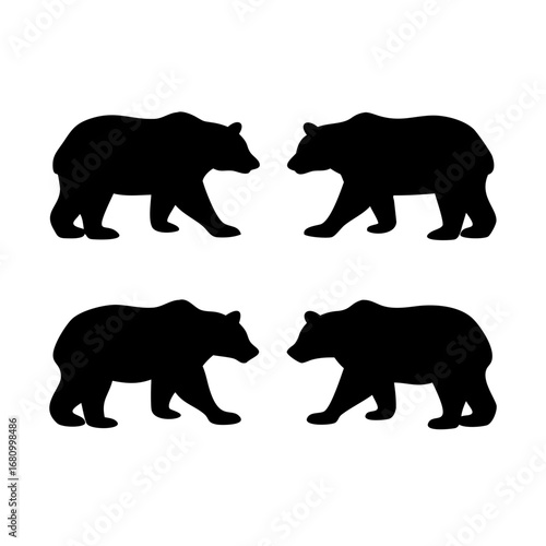 Vector art of four bear silhouettes, showcasing a variety of poses and directions, perfect for wildlife, nature, or designrelated projects