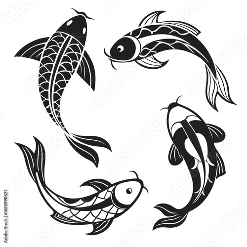 Vector art of four koi fish in a circular arrangement, showcasing intricate patterns and elegant designs, perfect for artistic projects