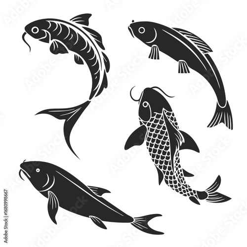 Vector art of set of koi fish, vector illustration of various koi fish species, perfect for logo, icon, or design element, with a vintage style