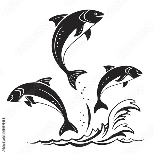 Vector art of three salmon fish jumping out of the water, a dynamic and eyecatching illustration, perfect for nature and wildlife themes