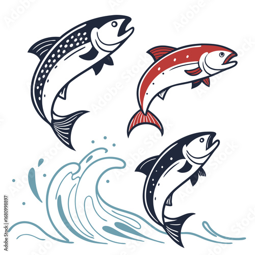 Illustration of three fish jumping out of the water, with stylized waves, creating a dynamic and vibrant scene