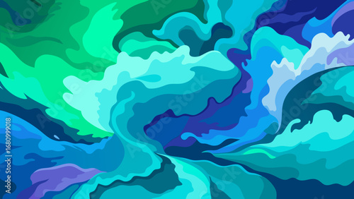 Vector art of vibrant abstract fluid art background with dynamic motion in blue and green
