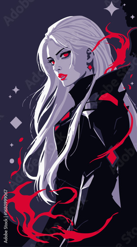 girl in a black red dress, Flat vector illustration, close-up, chiaroscuro lighting powerful cosmic sorceress in minimalist gothic void