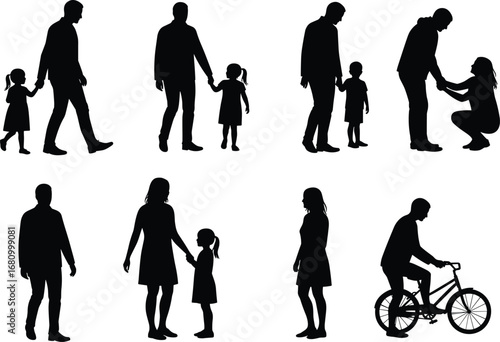 Silhouettes of parents and children walking, bonding, holding hands, riding bicycle, spending time together, parenting, outdoor lifestyle, happy family connection.